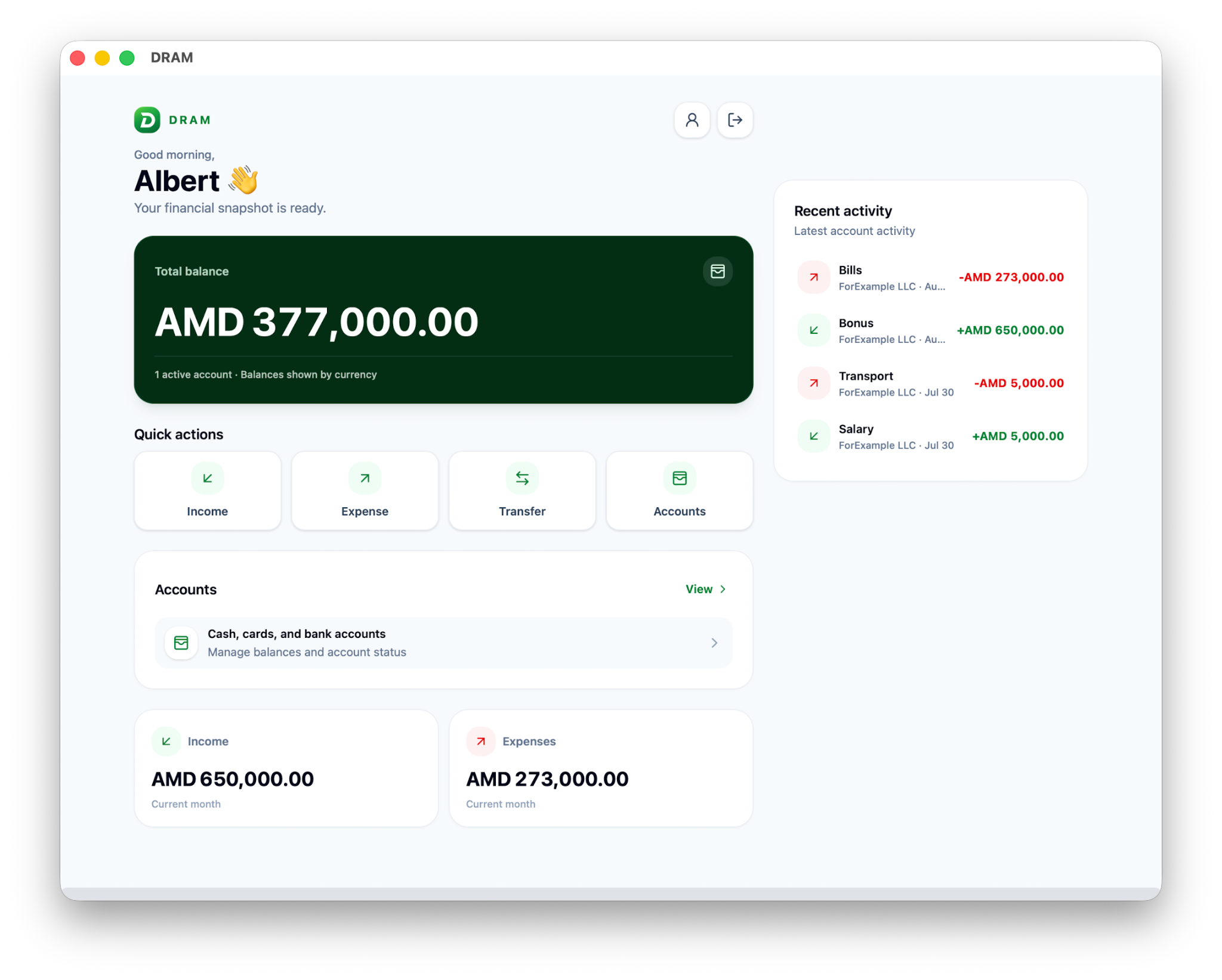 DRAM finance app dashboard on desktop