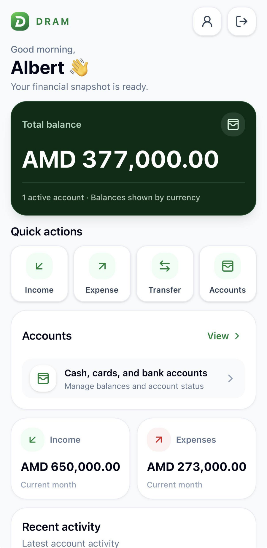 DRAM finance app dashboard on mobile